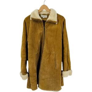 VTG Jones New York Shearling Trim Suede Coat Camel Tan Zip Front Size L Large